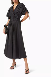 v-neck cotton midi dress with 3D floral waist – BLIOM